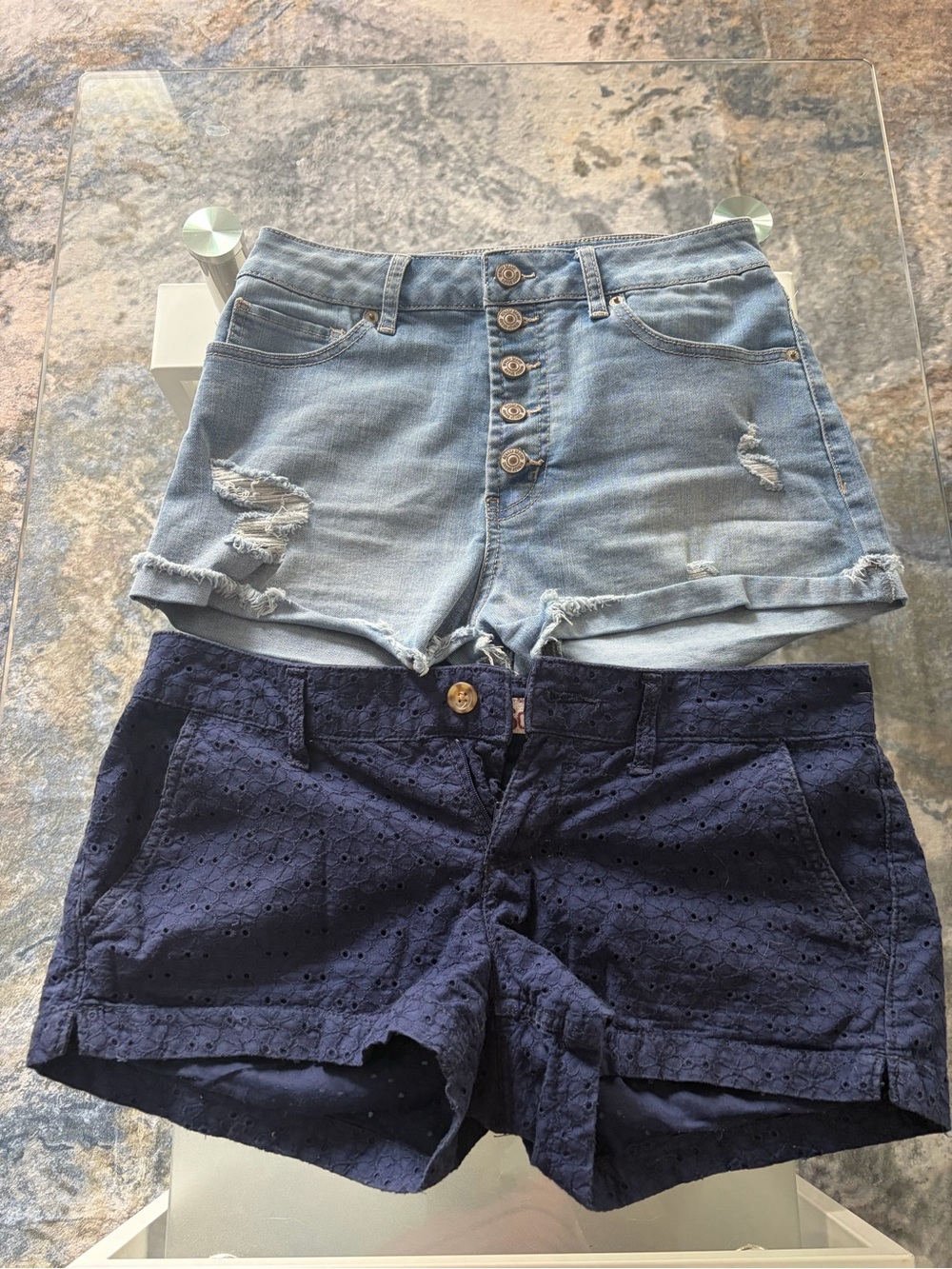 Rewash Light Blue Distressed Denim Shorts & Navy Eyelet Cotton Shorts